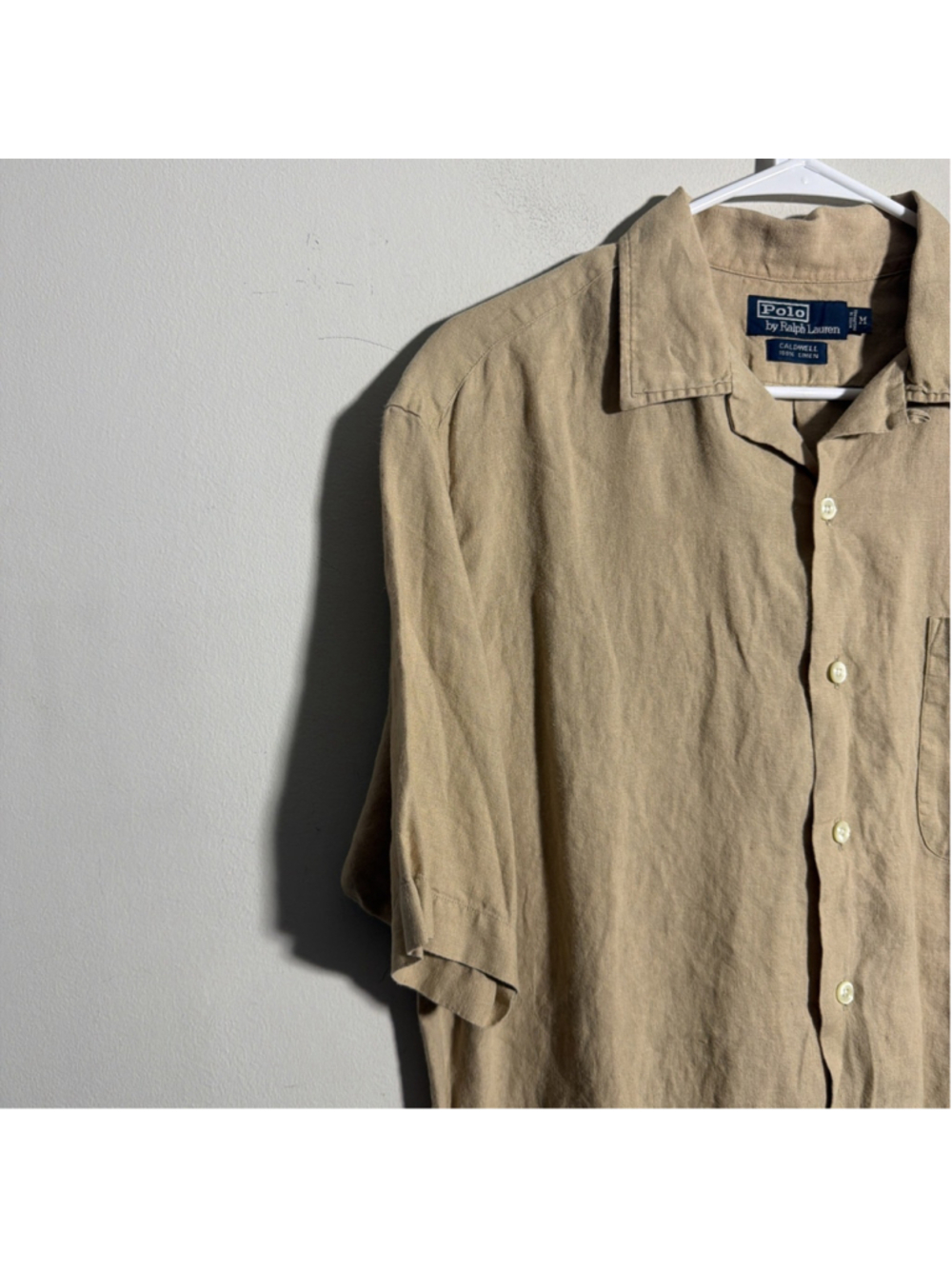 VTG 90’s Polo Ralph Lauren Caldwell Shirt Mens M Beige Loop Collar Camp Linen